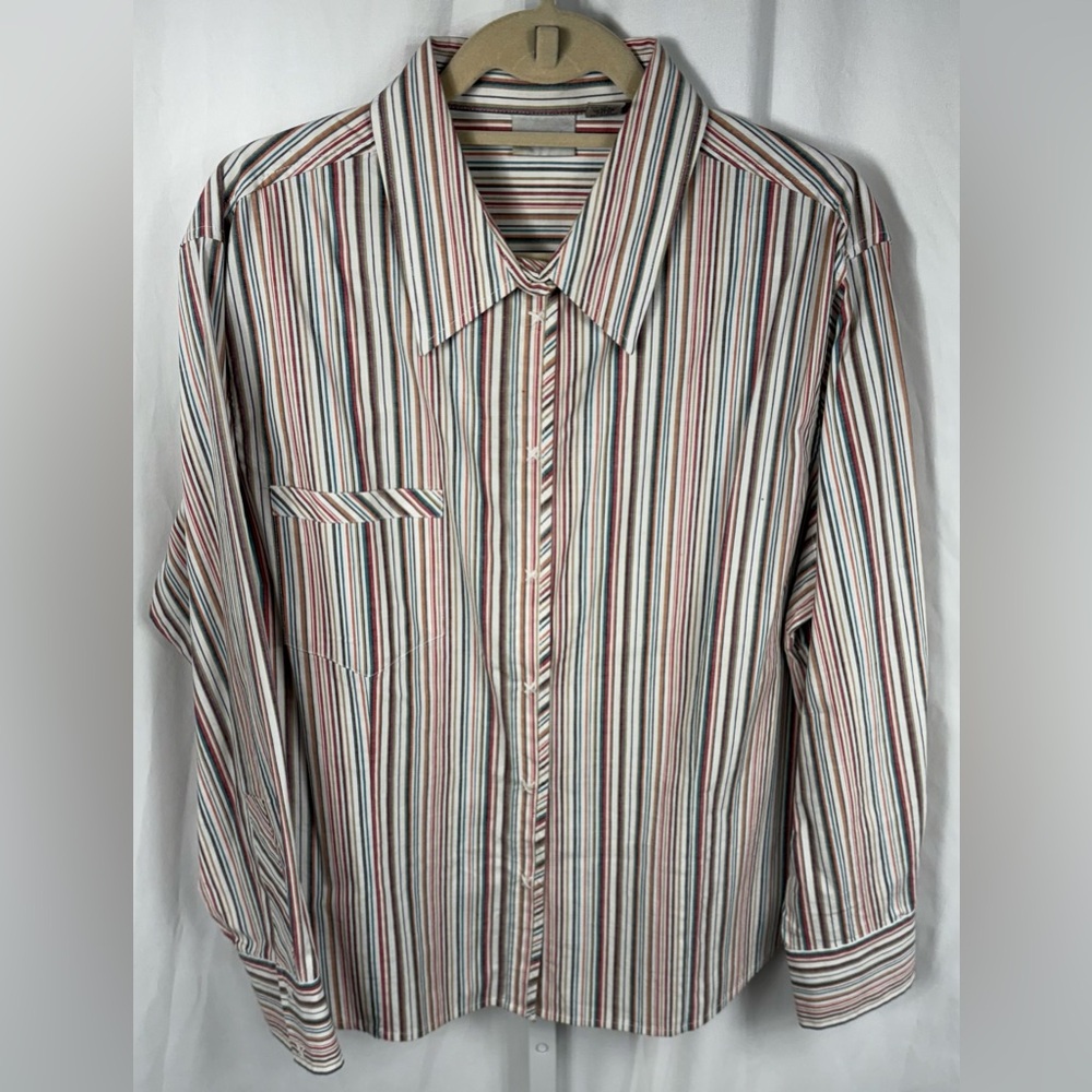 Chico’s Striped Long Sleeves Snap Front Shirt Top, 3/16/XL